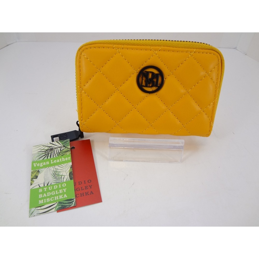 Badgley Mischka Studio Coin Purse Yellow NEW Diamond Quilted Vegan Leather Zip